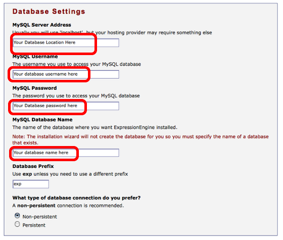 ExpressionEngine database settings