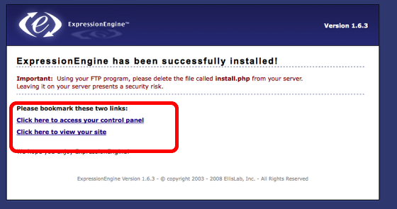 ExpressionEngine successfully installed